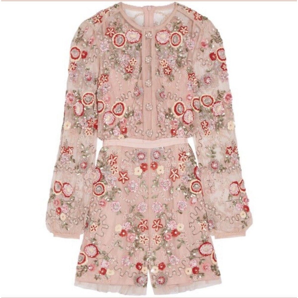 Needle & Thread Meadow Embellished Tulle Playsuit Floral Pink Beaded Romper Sz 6
